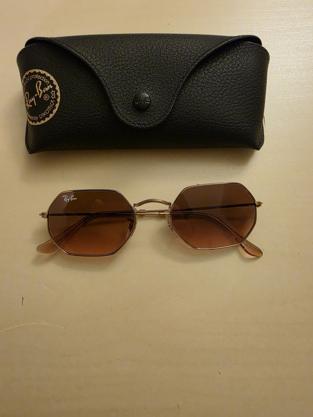 Ray-Ban Women’s Brown Lensed Gold Frame Octagon Sunglasses